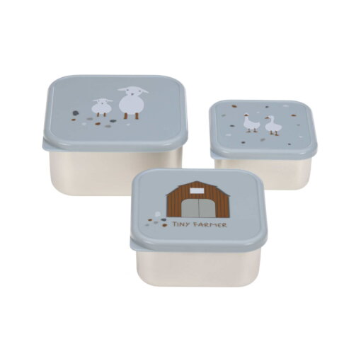 Snackbox Kinder (3er Set) - Edelstahl Brotdose, Tiny Farmer Blau von Lässig