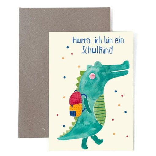 Grußkarte zur Einschulung *Schulkind* mit Krokodil von Frau Ottilie