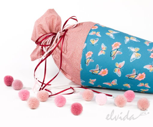 Bio Stoff Schultüte Zuckertüte Schmetterlinge personalisiert Namensschild - Produktbild 1