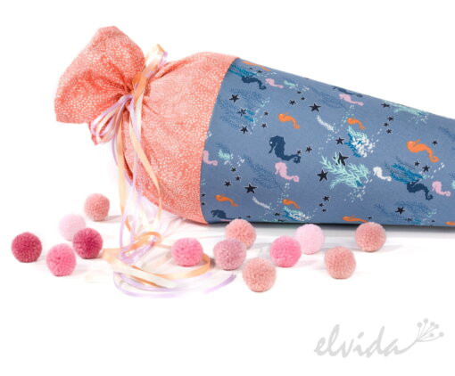 Stoff Schultüte Zuckertüte Seepferdchen mit Namensschild - Produktbild 1