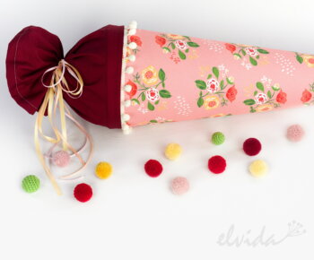 Bio Schultüte aus Stoff Rosa Pompom personalisiert Namensschild - Produktbild 1