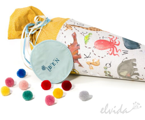 Bio Stoff Schultüte ABC-Tiere mit Namensschild - Produktbild 1
