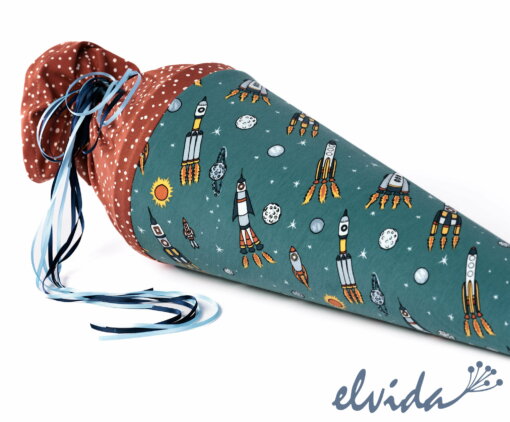 Schultüte aus Stoff Weltraumraketen mit Namensschild - Produktbild 1