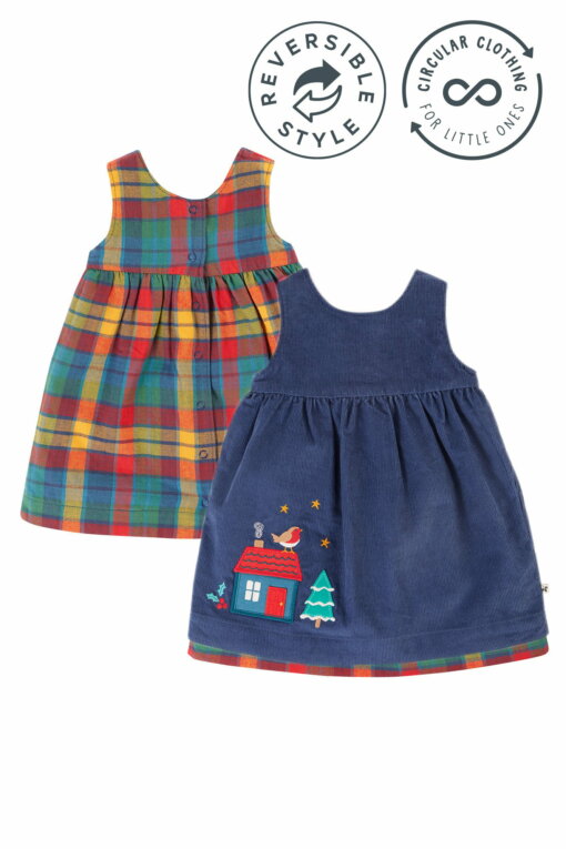 Inara Cord-Wendekleid Marineblau/Merry Rainbow Check von Frugi